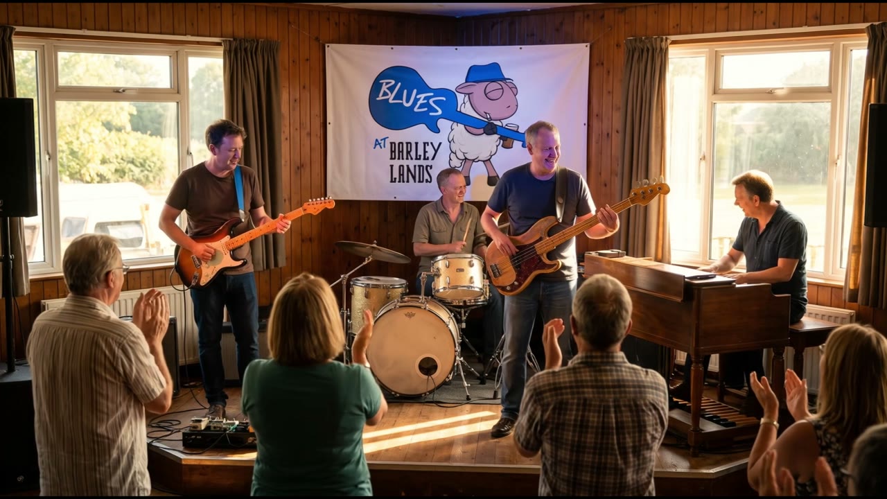 Blues band playing under the Blues at Barleylands banner