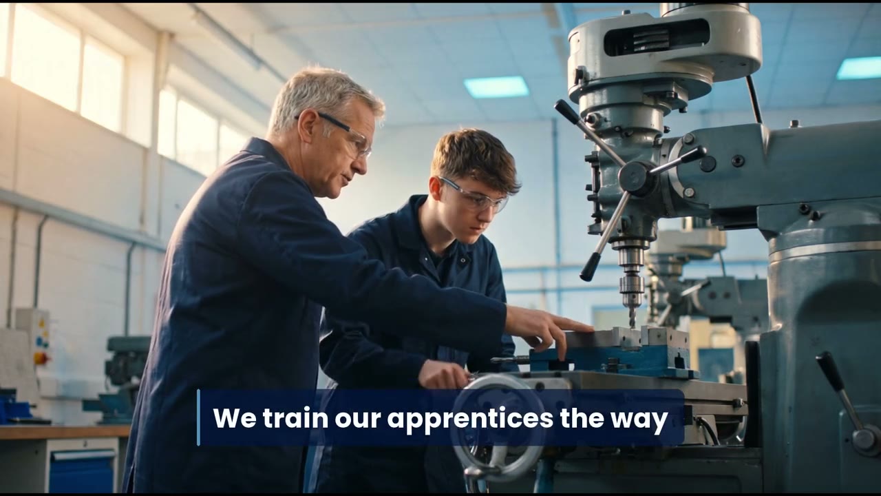 An older engineer guiding a young apprentice at a milling machine
