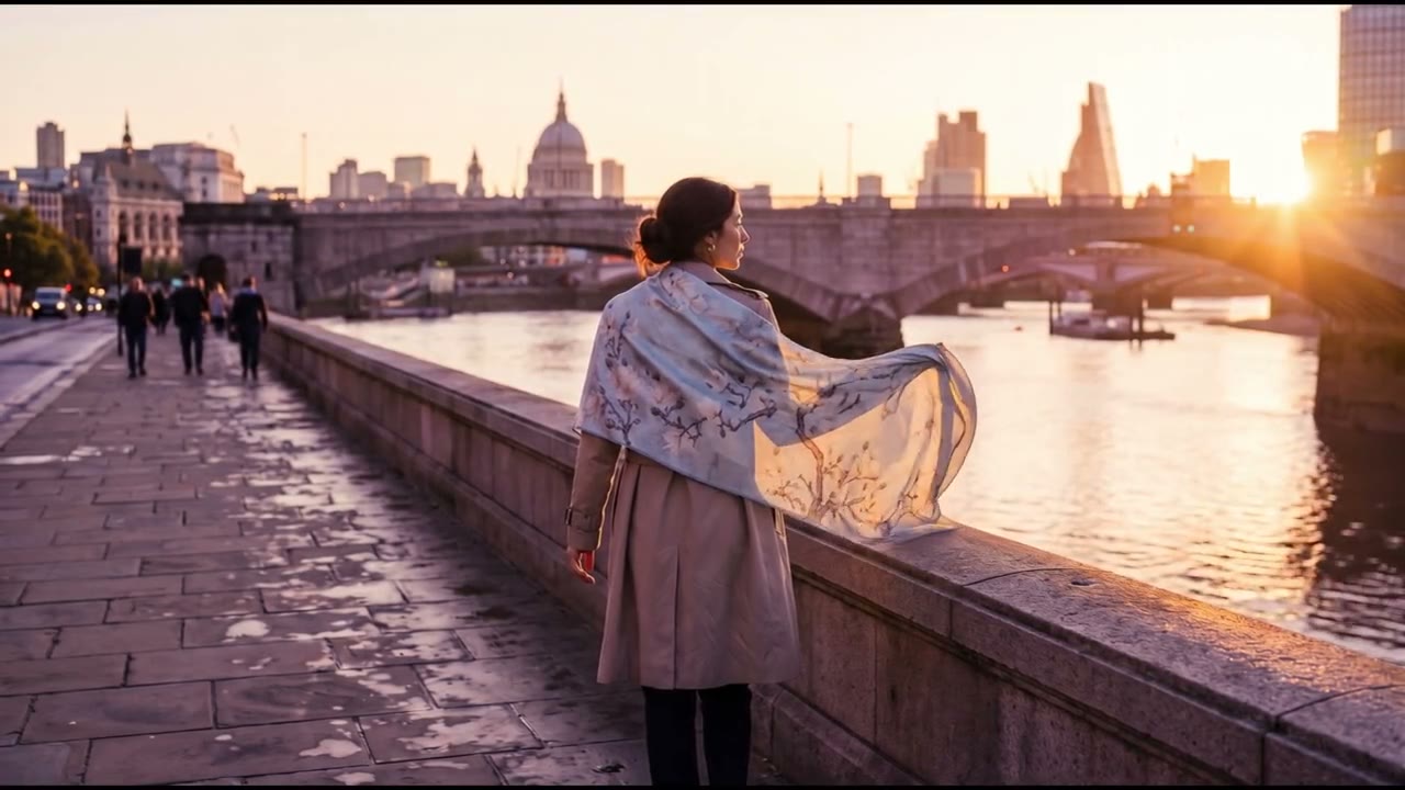 Woman in a Livloko scarf by Westminster at golden hour