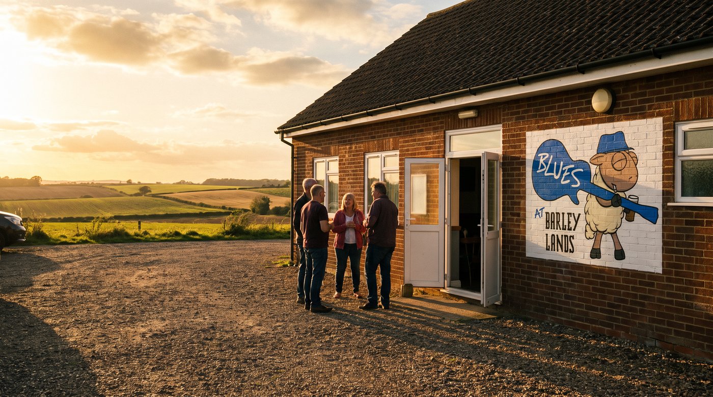 The clubhouse with the Blues at Barleylands sign at sunset