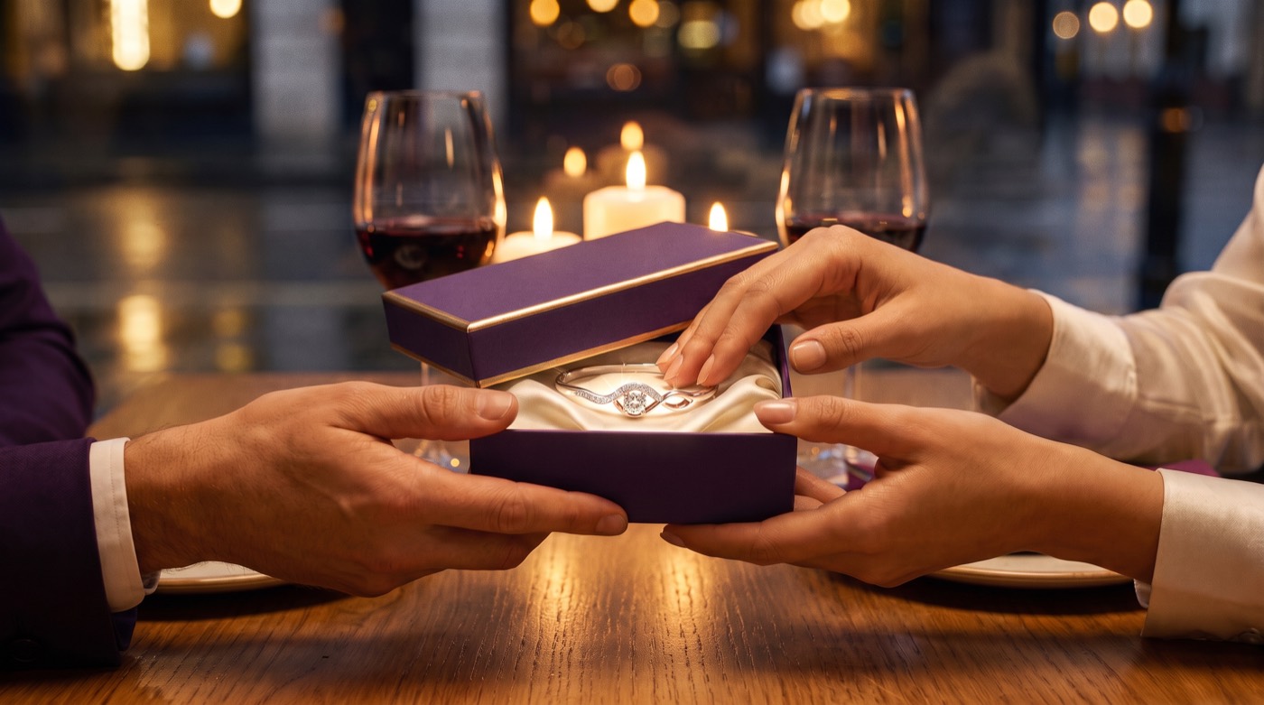 The purple Livloko gift box opening by candlelight