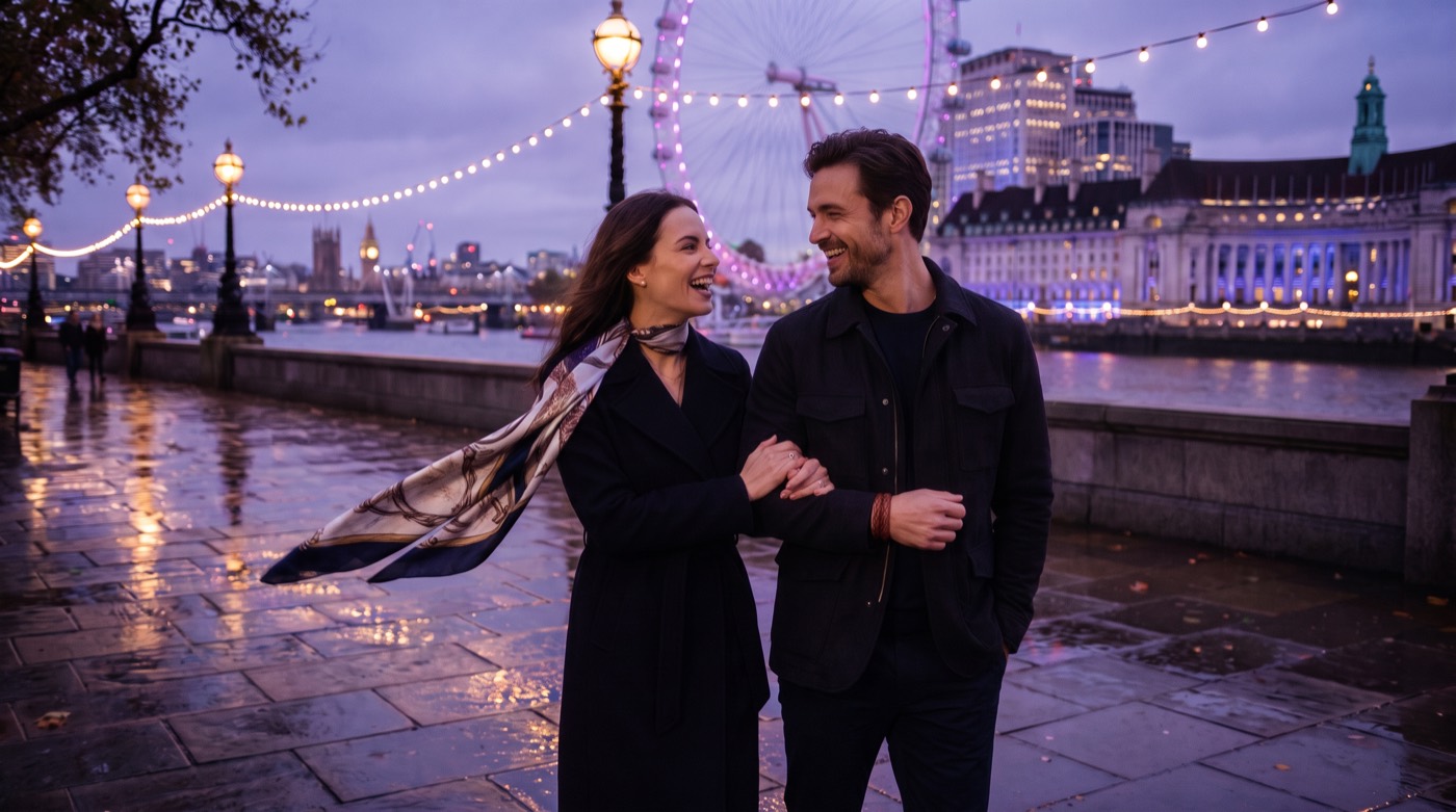 A couple walking by the river at night