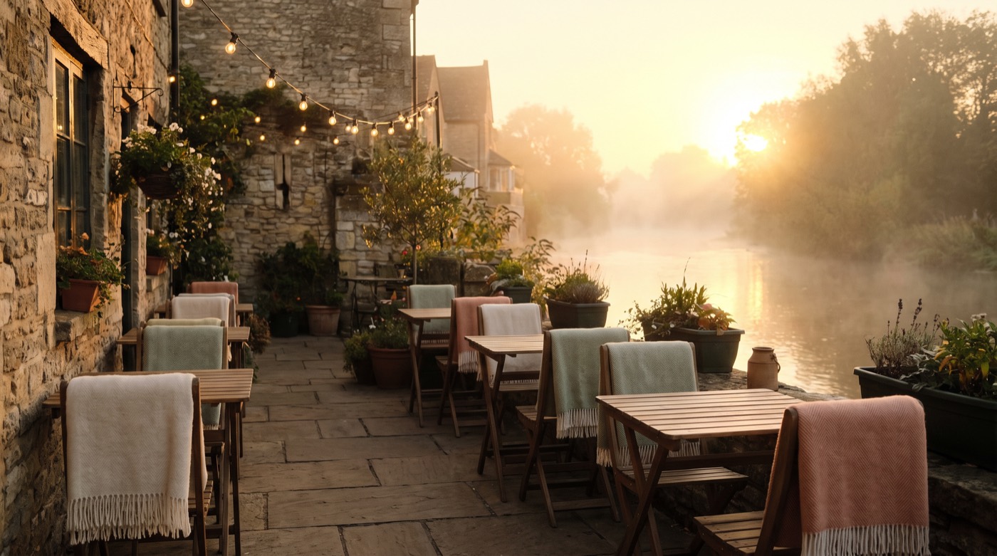Riverside café terrace in morning mist
