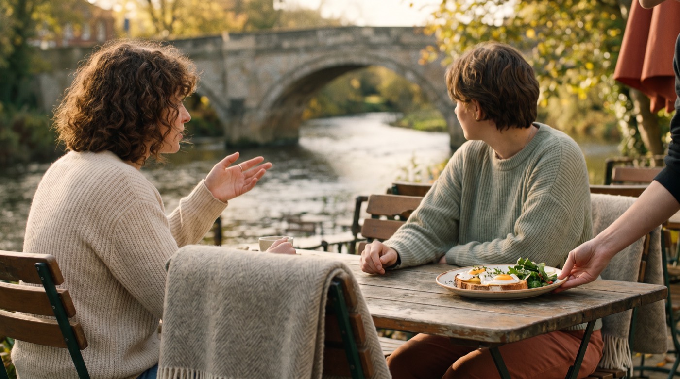 Friends laughing over brunch by a stone bridge